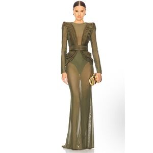 Elegant Green Long Sleeve Gown with Bishop Sleeves for Night Out